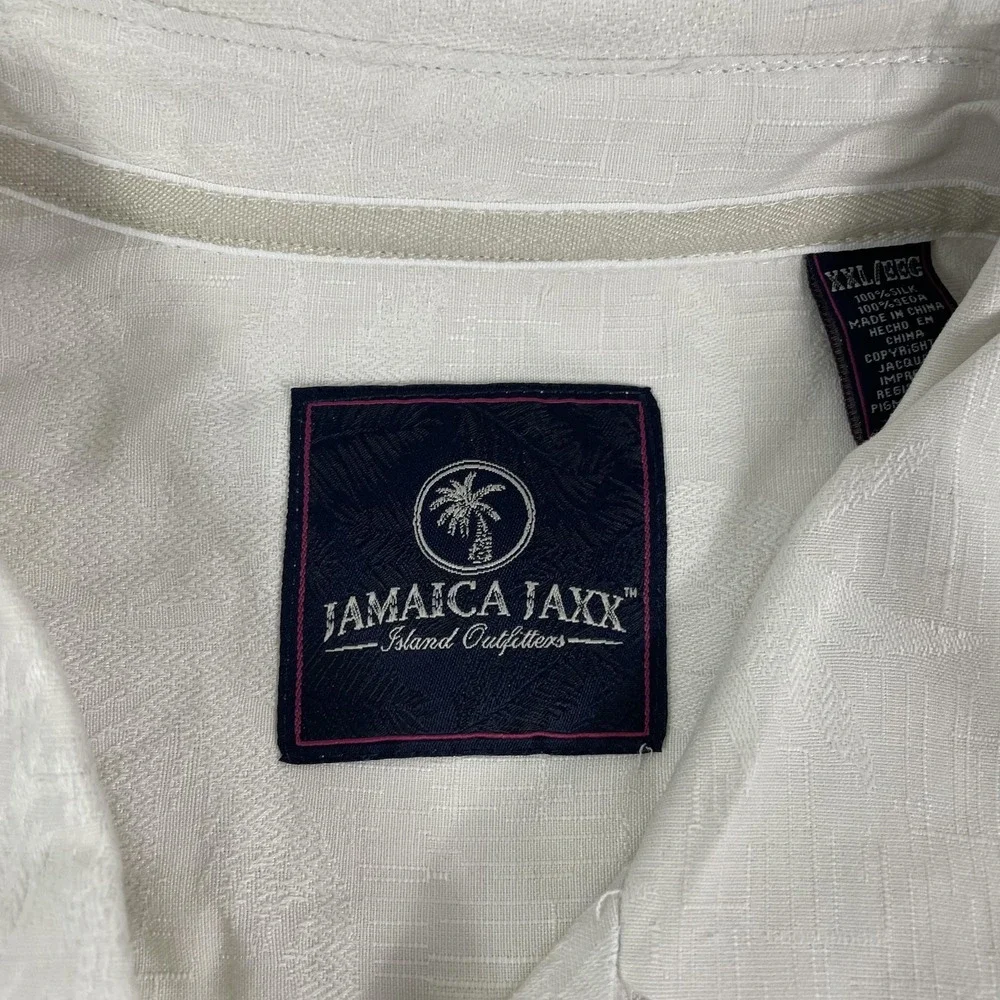 Jamaica Jaxx Shirt Mens‎ 2XL White Silk Jacquard Camp Short Sleeve Button Front